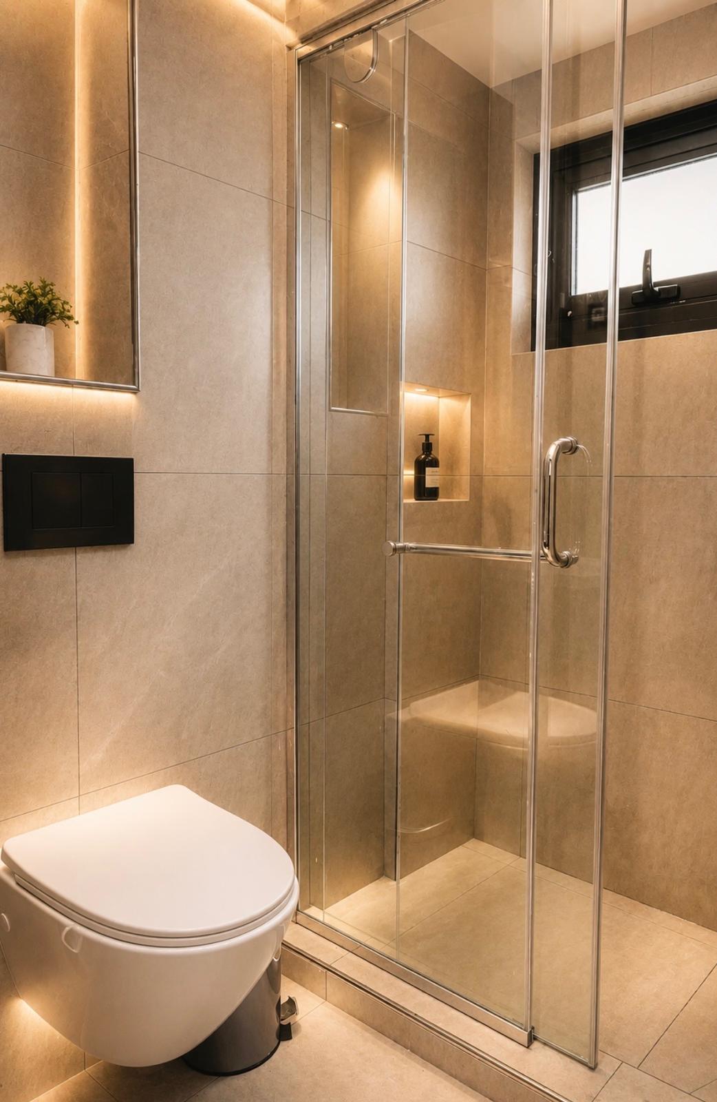Bathroom with walk-in shower and indirect lighting